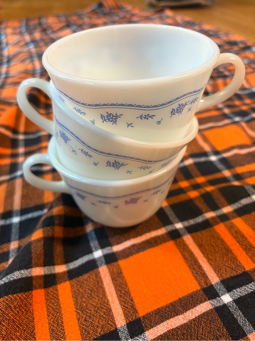 Set of 3 Pyrex by Corning “Morning Blue” Milk Glass Coffee/Tea Cups